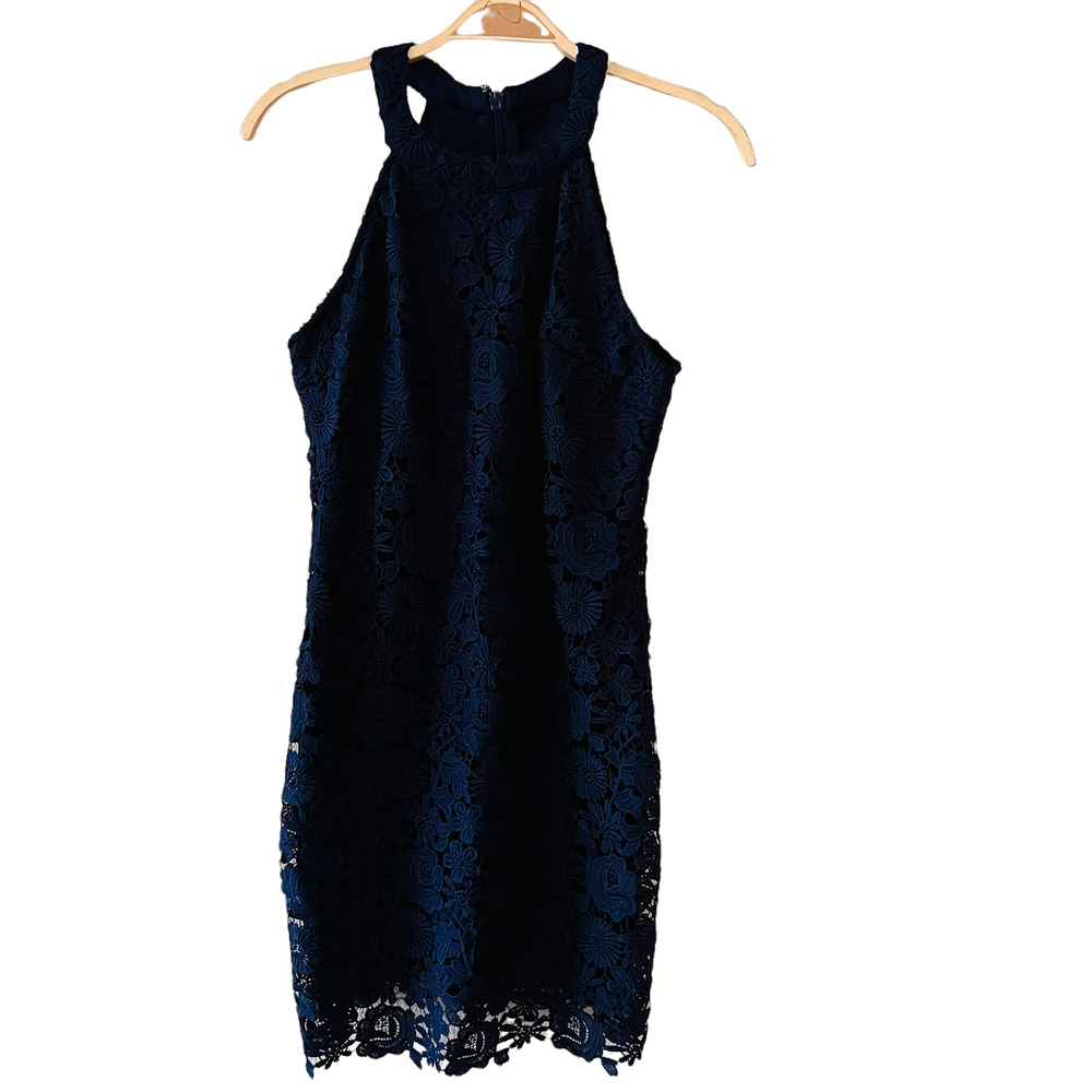 Lulus Lace Dress Size Large Love Poem Sheath High Neck Sleeveless Navy - Picture 3 of 12